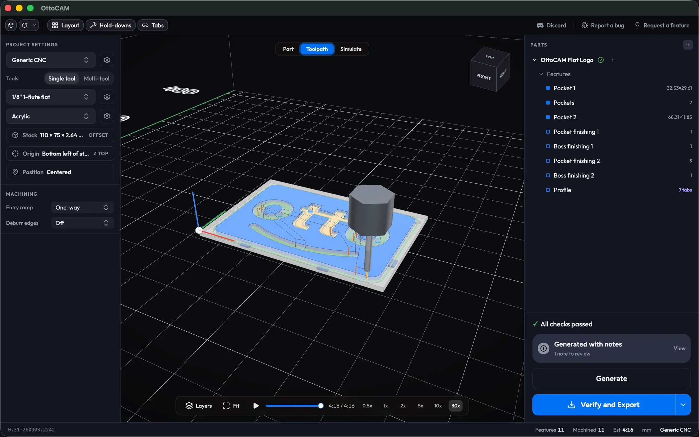 OttoCAM showing generated toolpaths and a simulated cut for the OttoCAM logo part in acrylic, with all verification checks passed